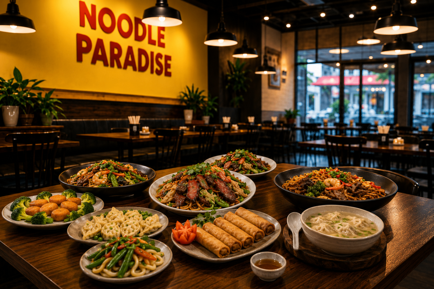Noodle Paradise dining room with the bold yellow signage wall